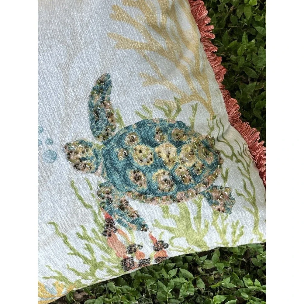 Coastal Collection Nautical Beach Beaded Pillow 14x24 Green Sea Turtle Coral